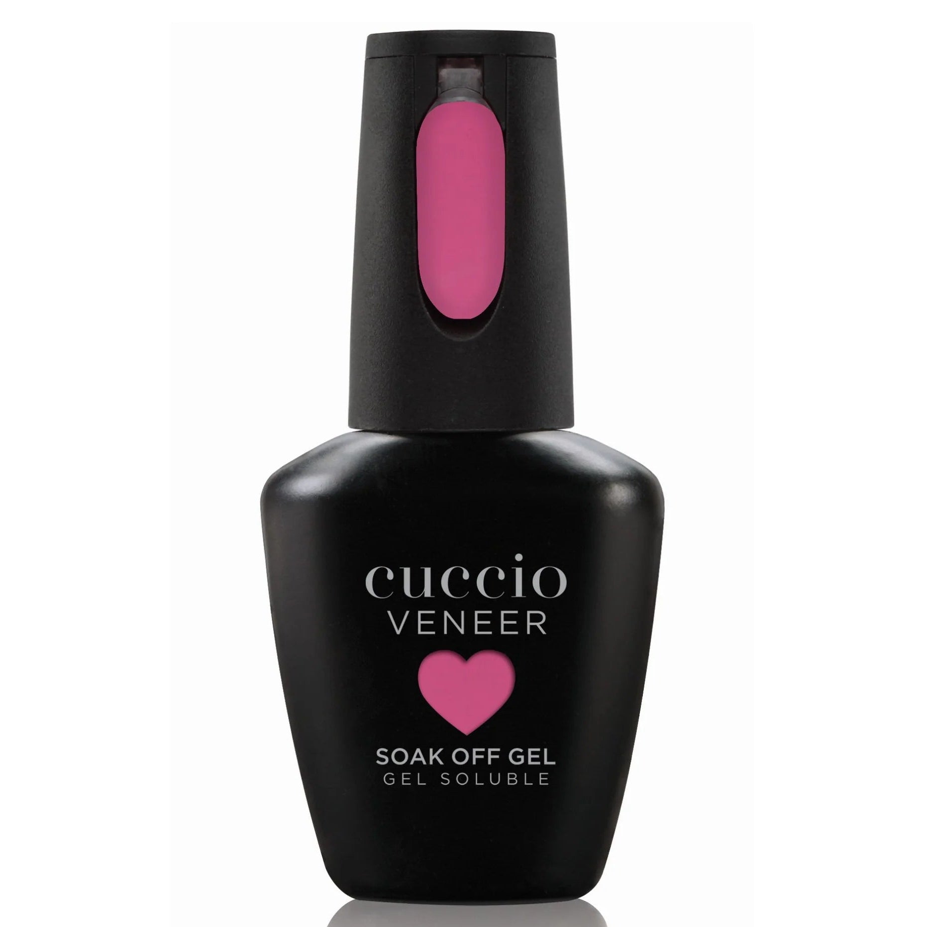 Cuccio Veneer soak off gel bottle with pink cap on a white background