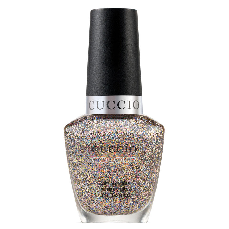 Guccio nail polish bottle with glittery design on a white background