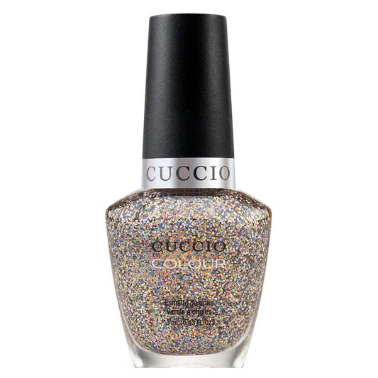 Guccio nail polish bottle with glittery design on a white background