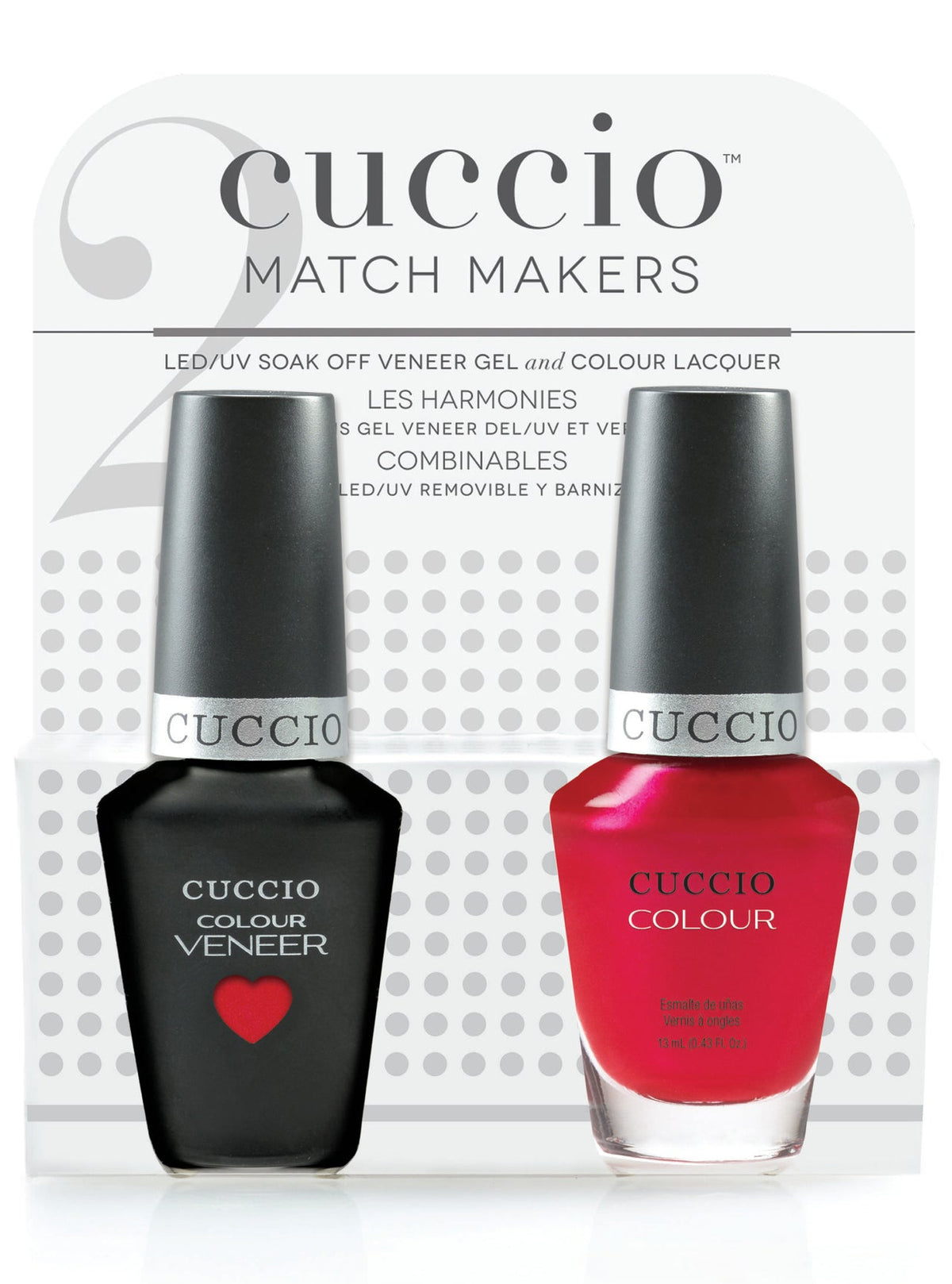 Cuccio nail polish bottles with a matching box on a white background