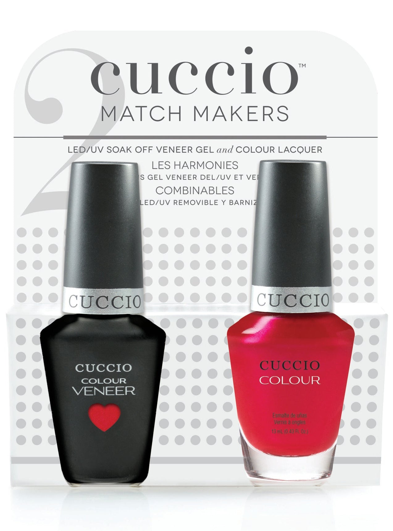 Cuccio nail polish bottles with a matching box on a white background