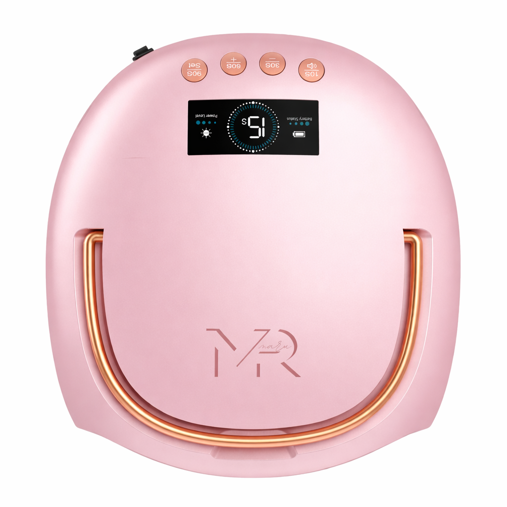 Pink electronic device with digital display and 'MR' branding on a white background