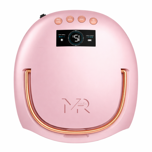 Pink electronic device with digital display and 'MR' branding on a white background