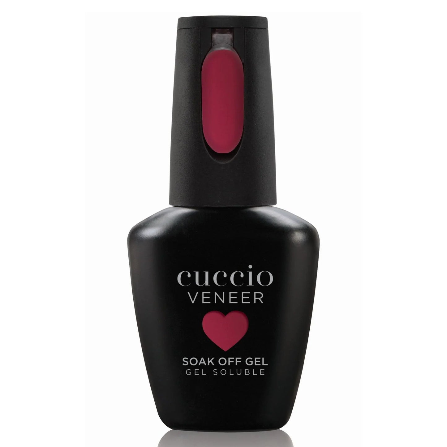 Cuccio Veneer soak off gel bottle with red cap on a white background