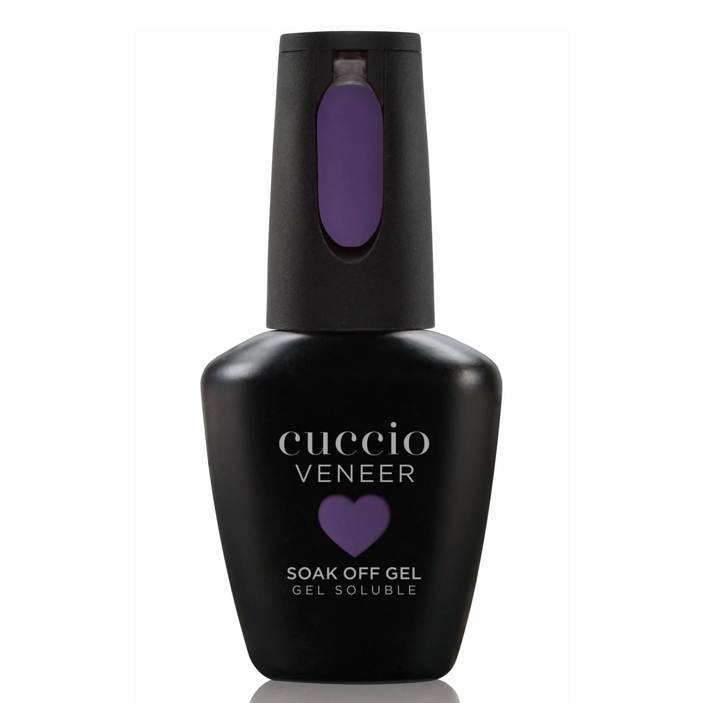 Cuccio Veneer soak off gel bottle with black and purple design on a white background