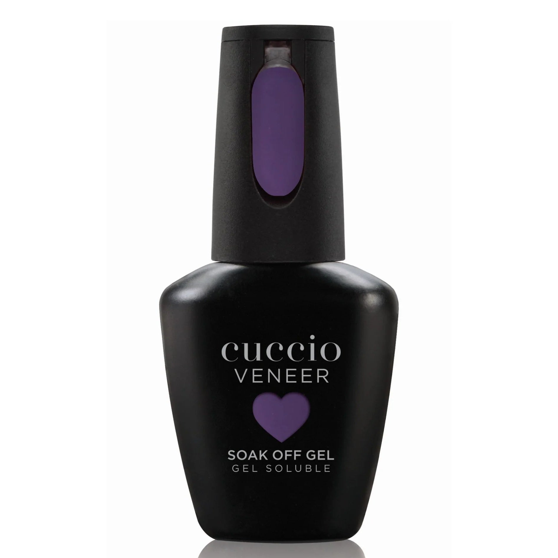 Cuccio Veneer soak off gel bottle with black and purple design on a white background