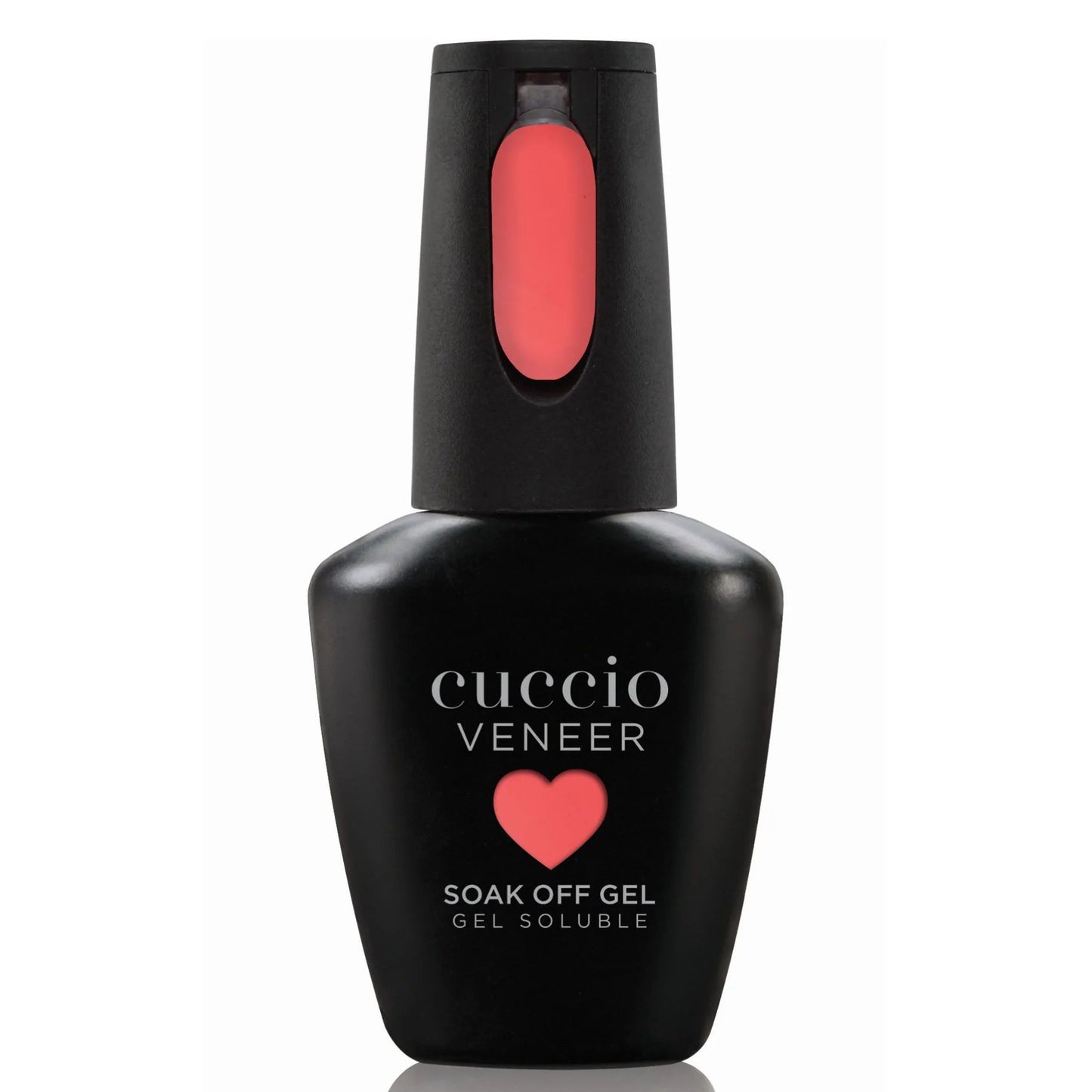 Cuccio Veneer soak off gel bottle with black body and red cap on a white background