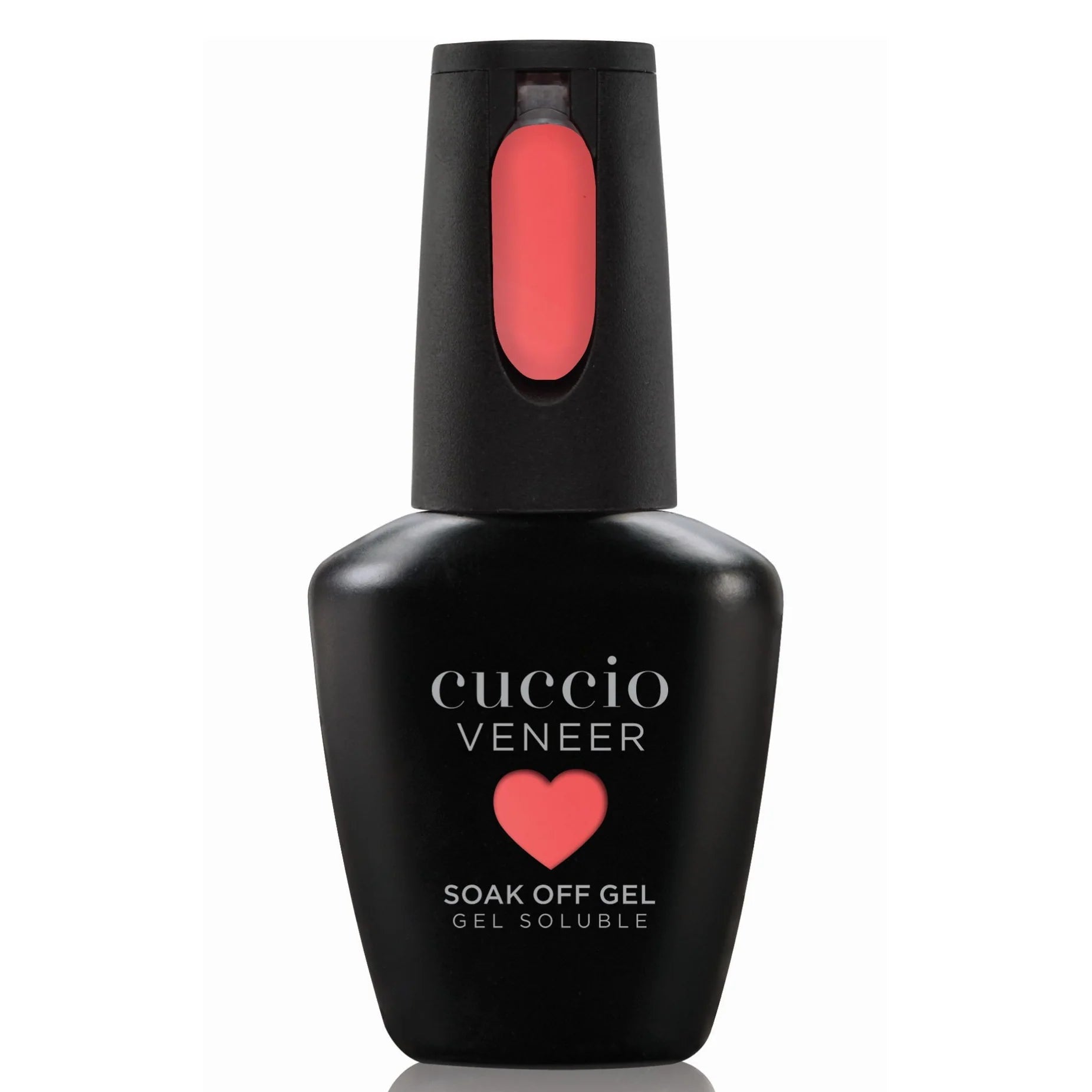 Cuccio Veneer soak off gel bottle with black body and red cap on a white background