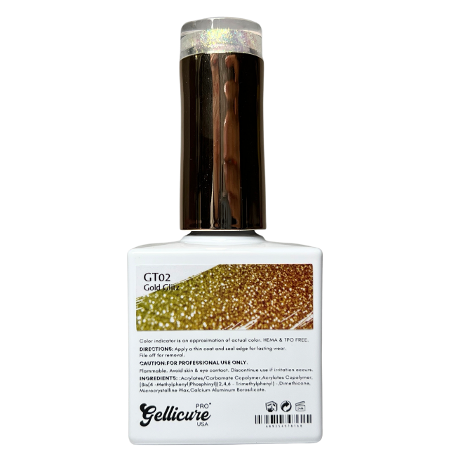 GELLICURE PRO★ No Wipe Glitter Top Coat HEMA & TPO FREE 0.5oz - Gold Glitz #GT02