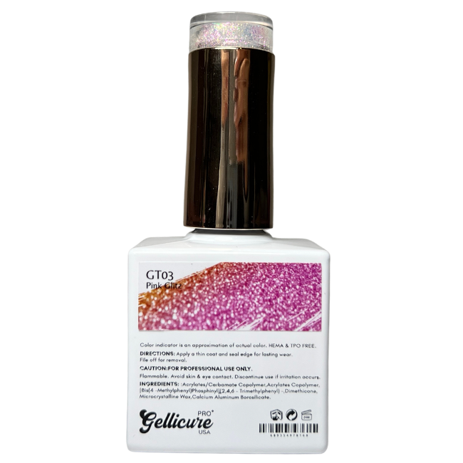 GELLICURE PRO★ No Wipe Glitter Top Coat HEMA & TPO FREE 0.5oz - Pink Glitz #GT03