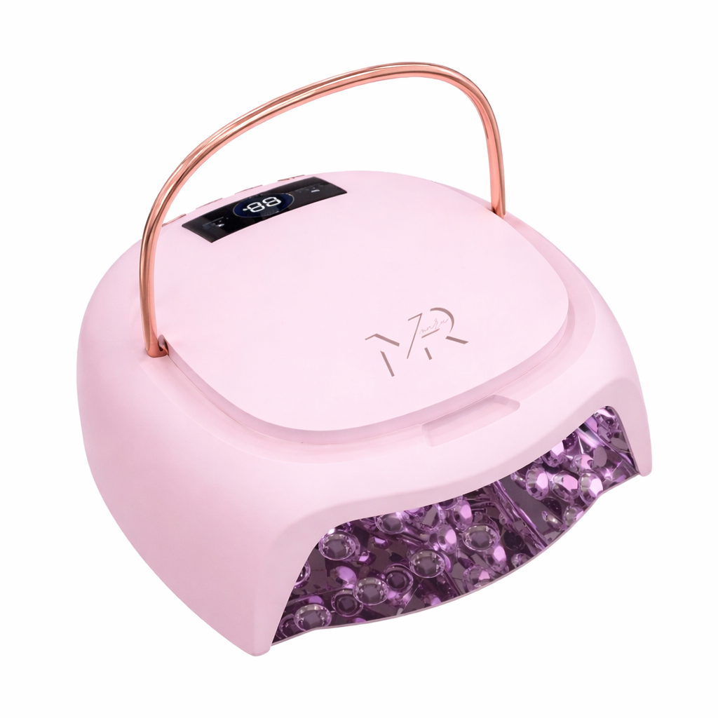 Pink nail dryer with blue LED lights on a white background
