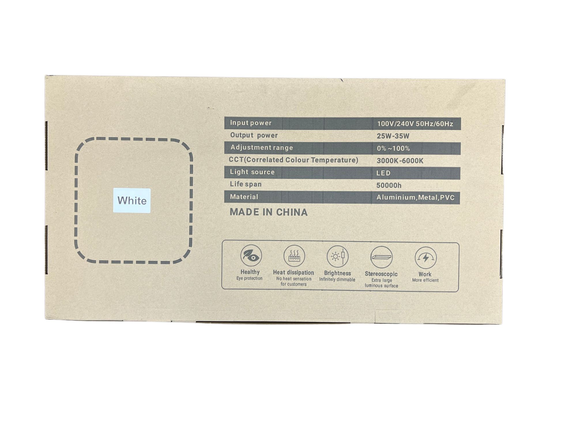 Cardboard box with product specifications on a white background