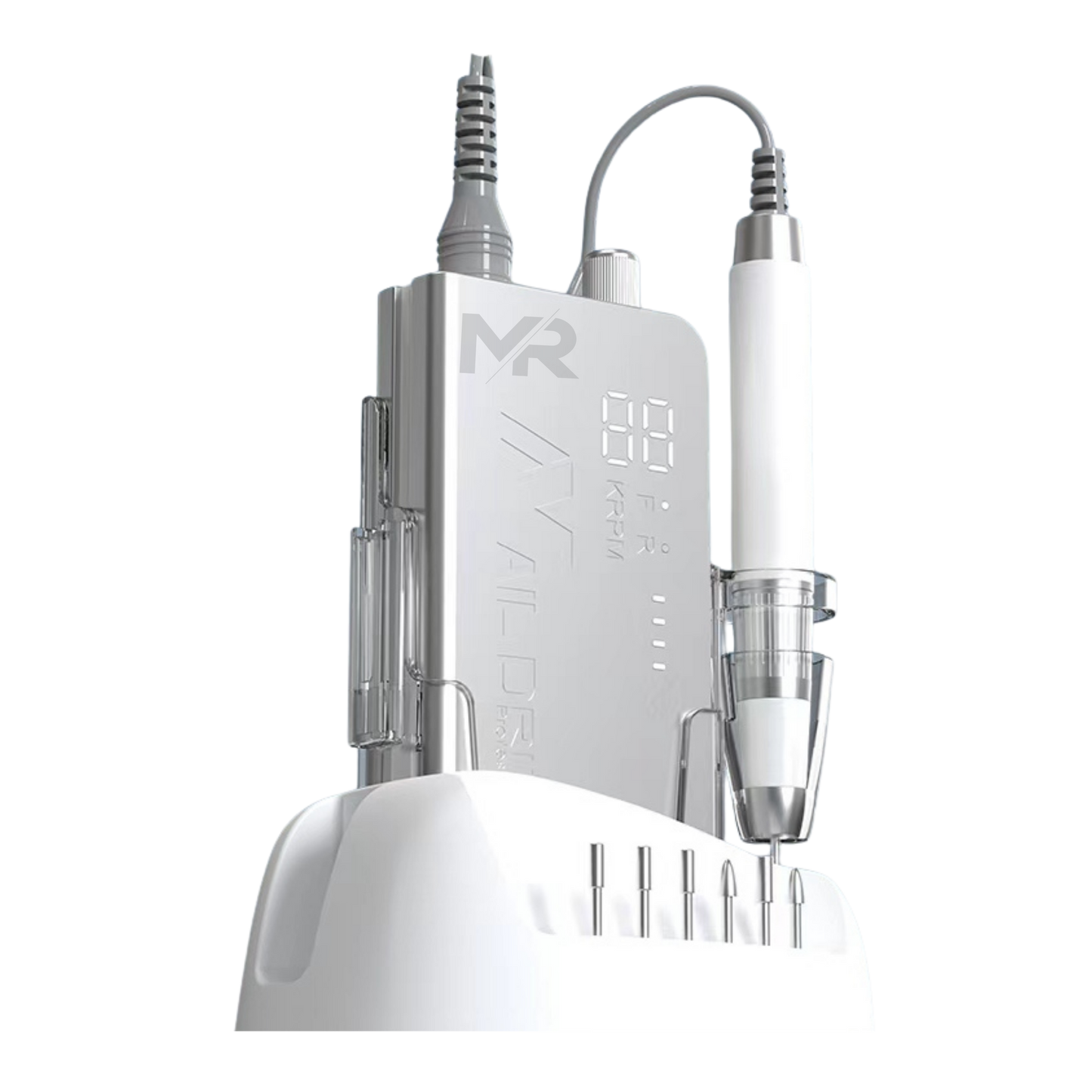 Silver nail drill battery pack with a white handpiece with 'MR' branding on a white background