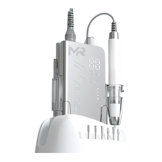 Silver nail drill battery pack with a white handpiece with 'MR' branding on a white background