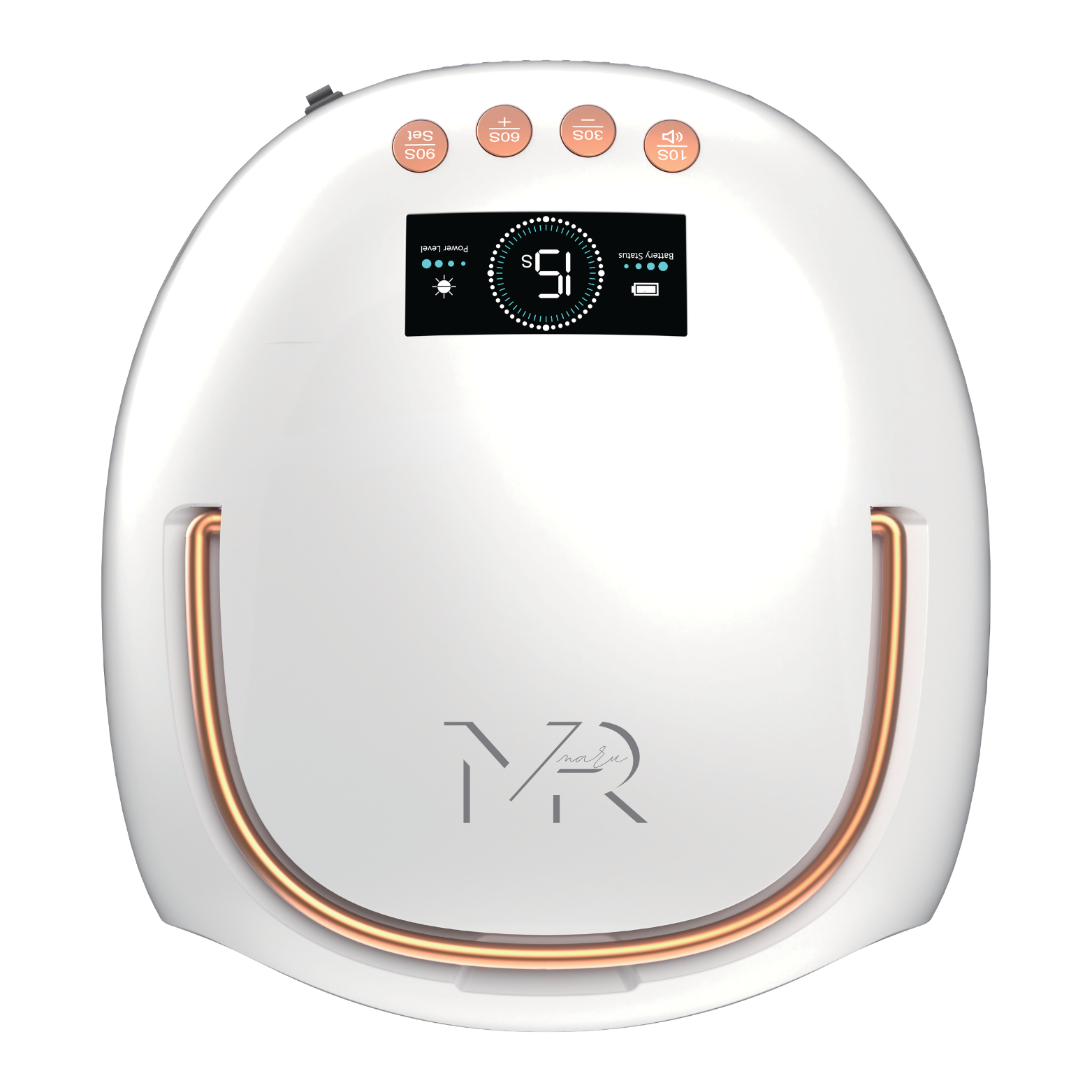 White electronic device with digital display and control buttons on a white background