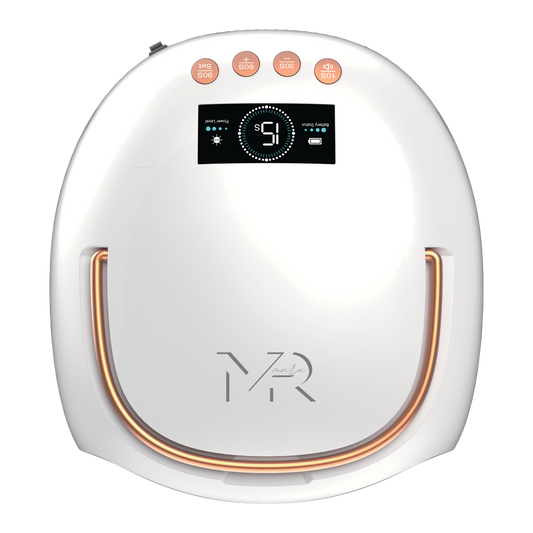 White electronic device with digital display and control buttons on a white background