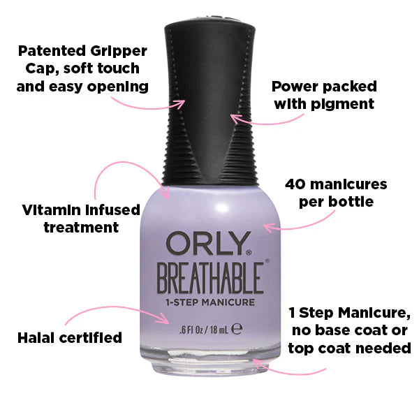 Orly Breathable nail polish bottle with features highlighted on a white background
