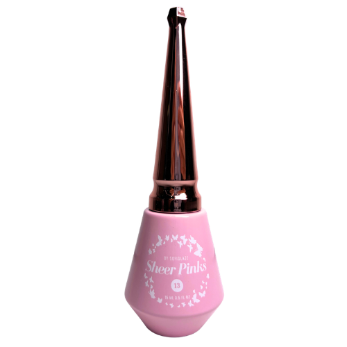Pink nail polish bottle with rose gold cap on a white background