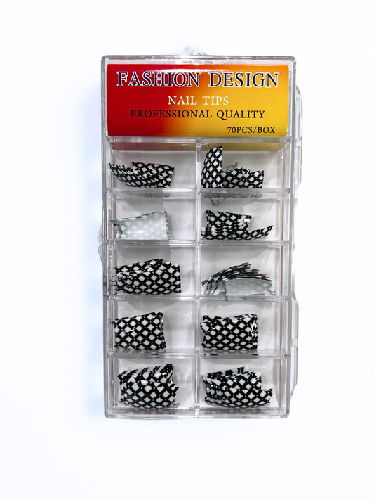 Fashion Design Nail Tips 70pc - Black + White Lattice (Duck Tips)
