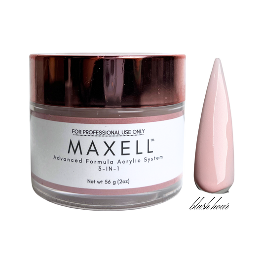 Maxell acrylic system jar with a pink nail tip on a white background