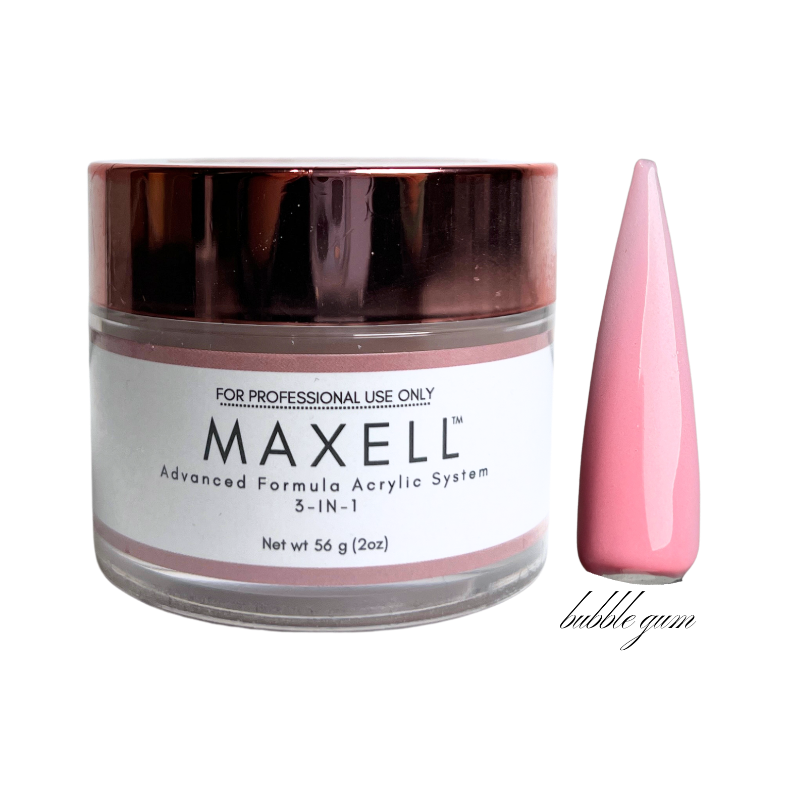 Maxell acrylic system jar with a pink nail tip sample on a white background