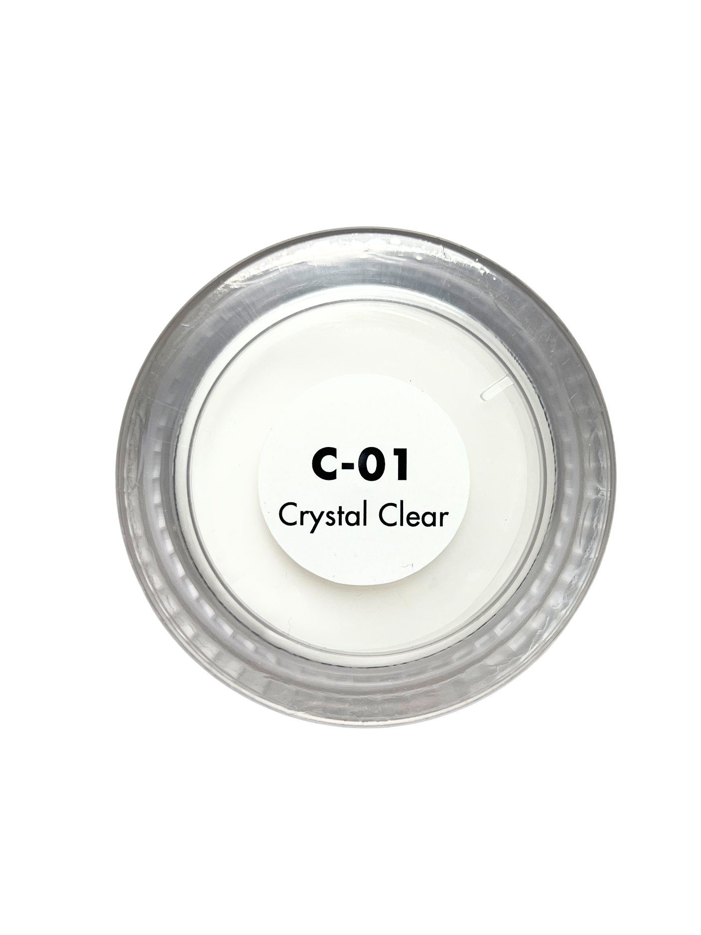 Clear cosmetic product in a round container labeled 'C-01 Crystal Clear' on a white background