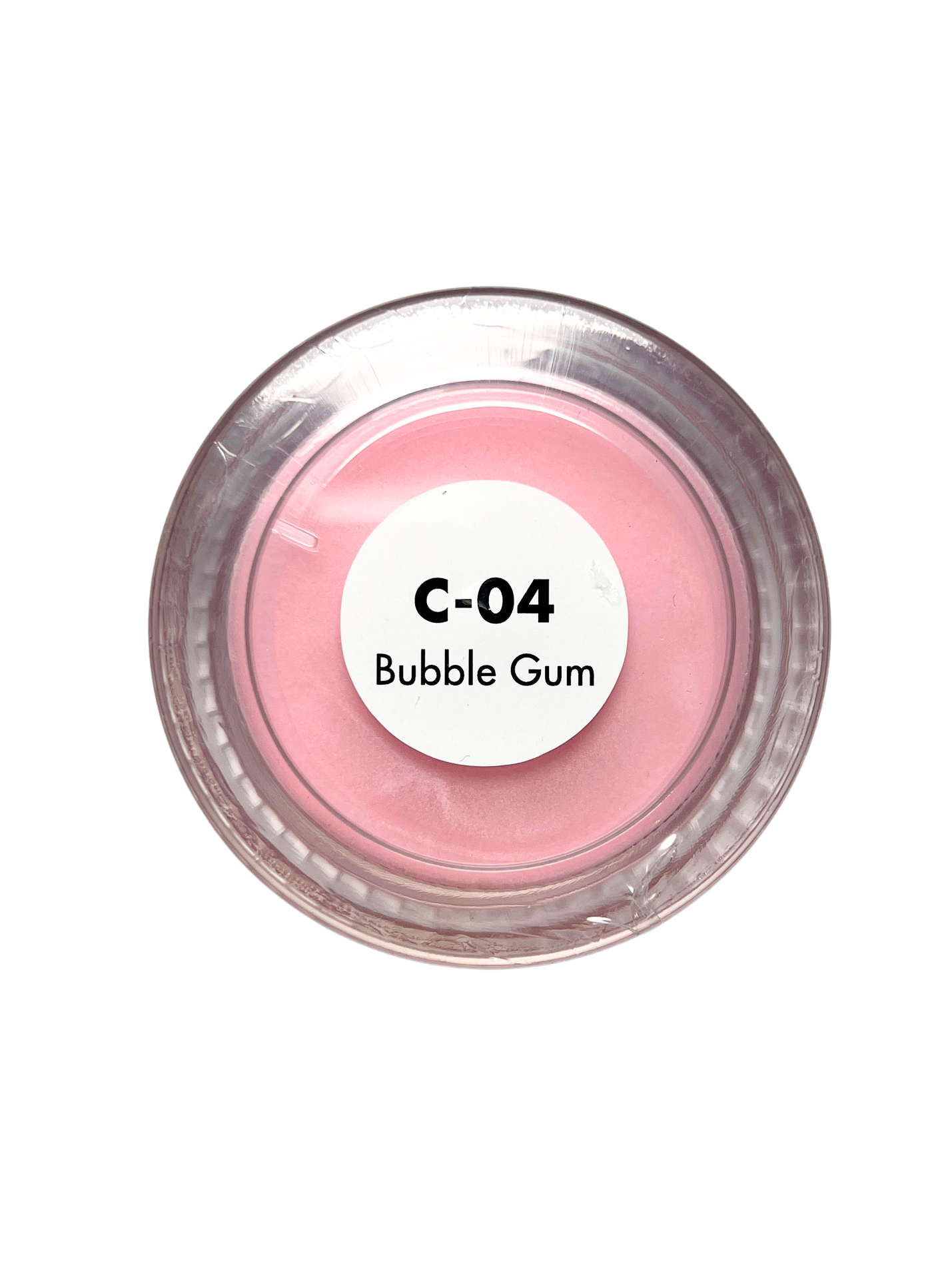Pink cosmetic sample in a round container labeled 'C-04 Bubble Gum' on a white background