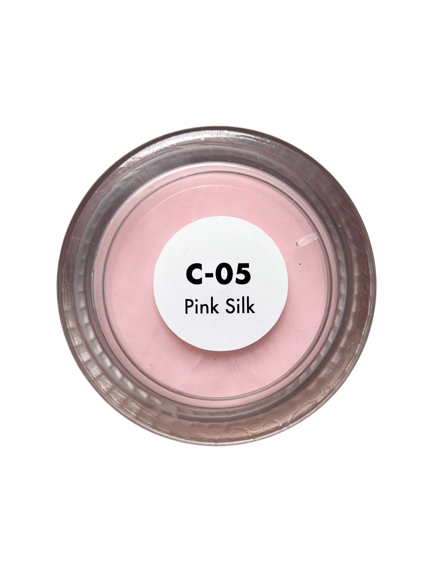 Cosmetic container labeled 'Pink Silk' with a white label on a white background