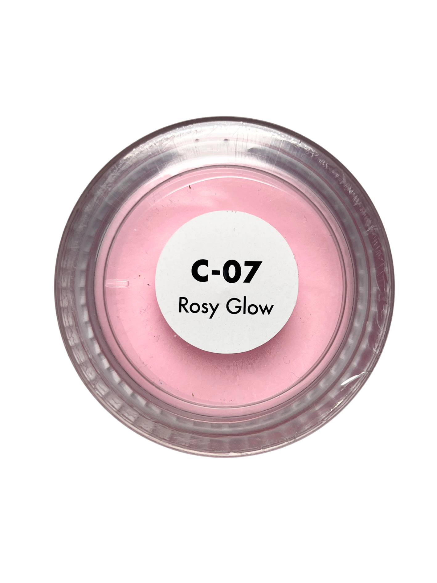 Cosmetic compact labeled 'C-07 Rosy Glow' on a white background