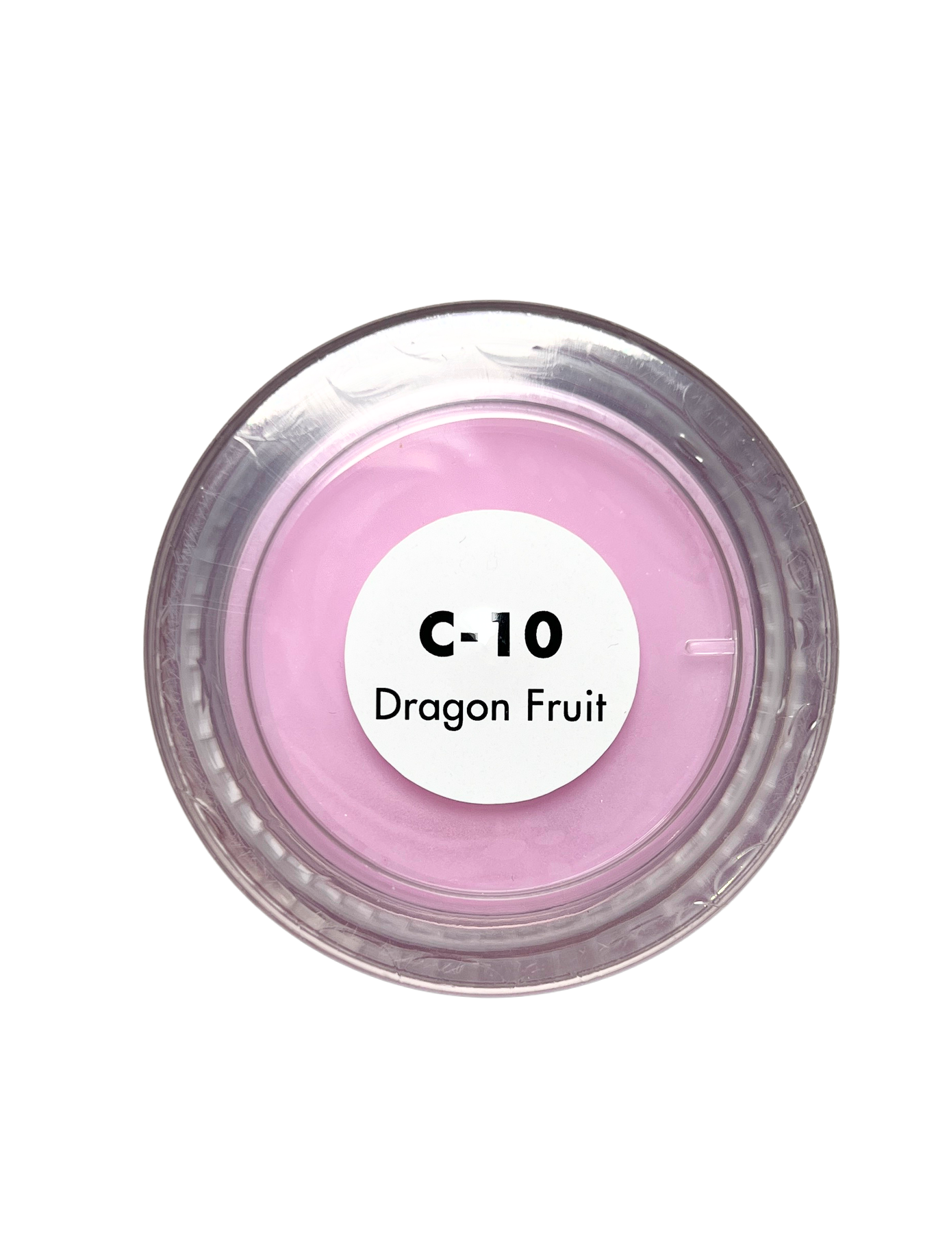 Pink acrylic powder labeled 'C-10 Dragon Fruit' on a white background