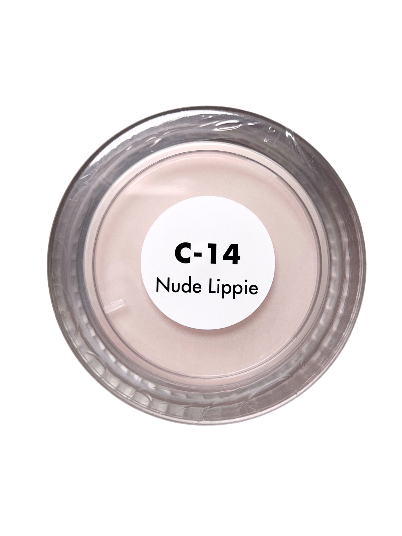 Cosmetic container labeled 'C-14 Nude Lippie' on a white background