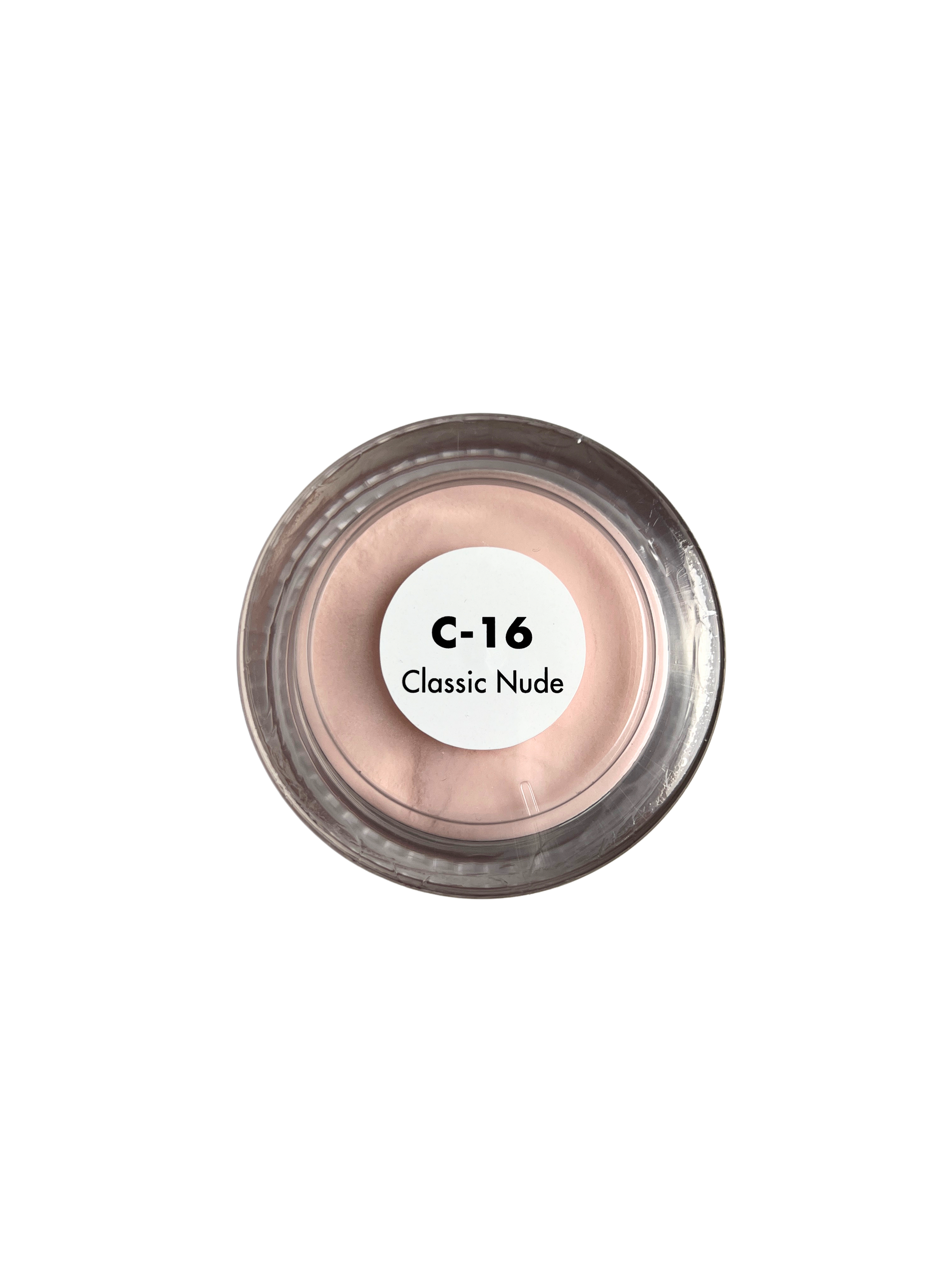 Cosmetic container labeled 'C-16 Classic Nude' on a white background