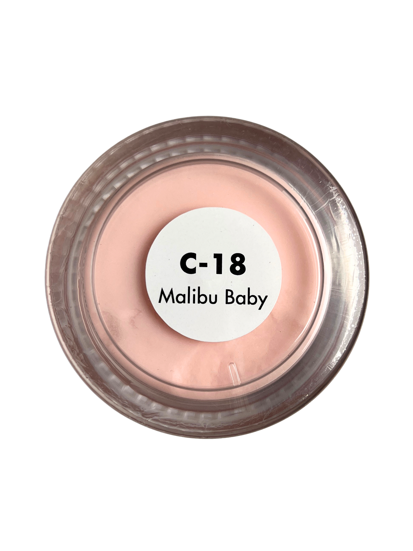Cosmetic compact labeled 'C-18 Malibu Baby' on a white background
