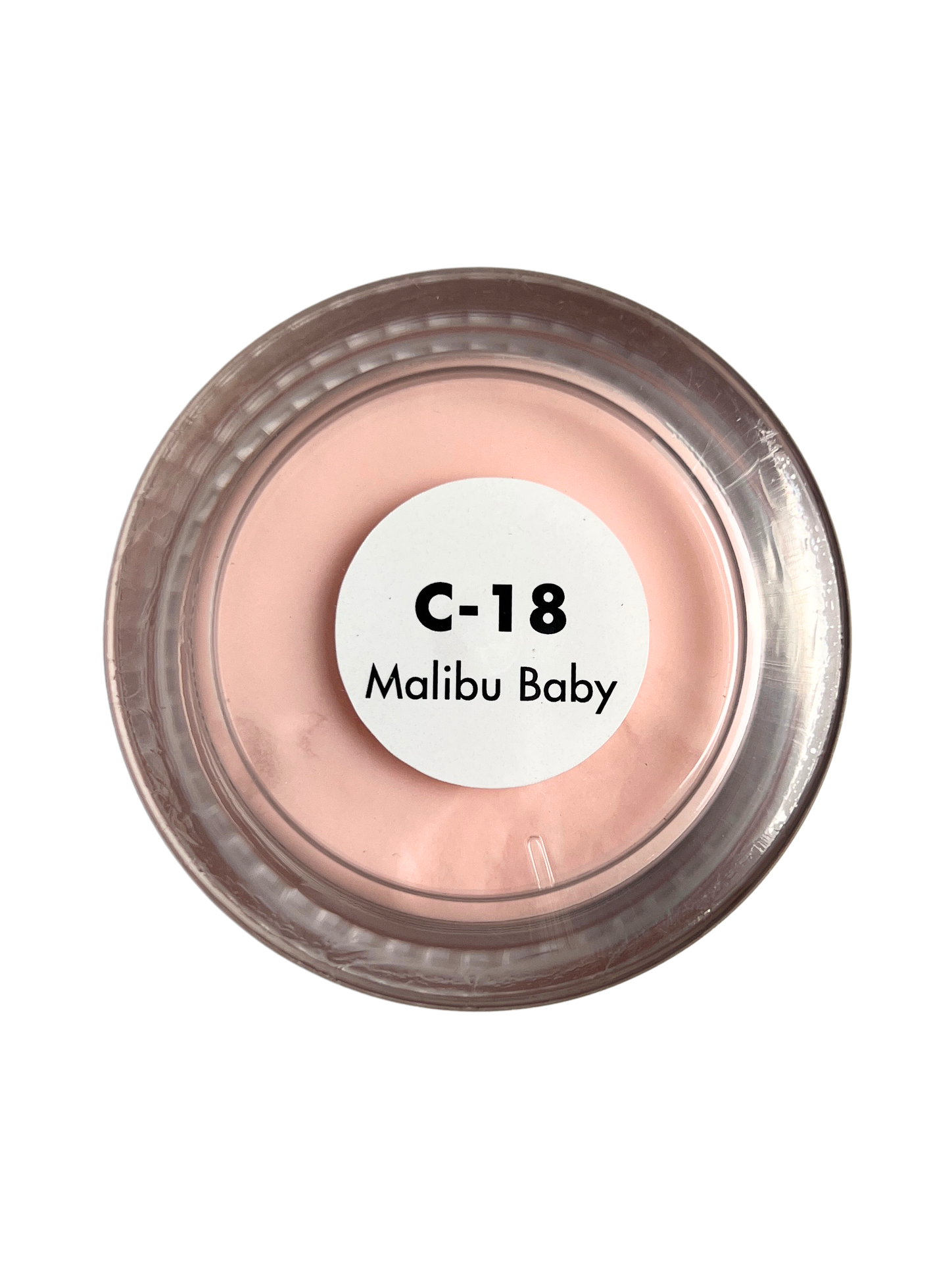 Cosmetic compact labeled 'C-18 Malibu Baby' on a white background