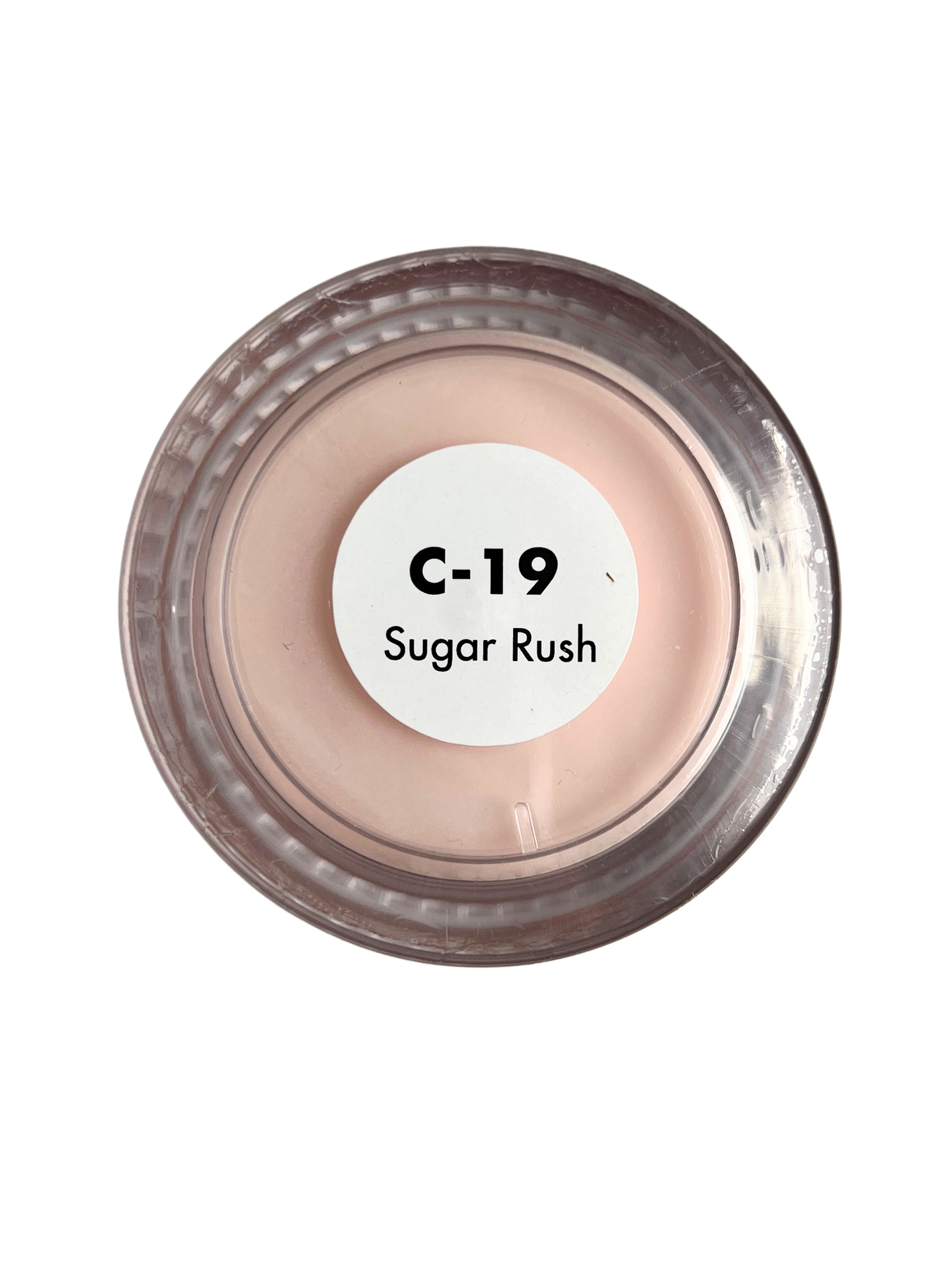 Cosmetic container labeled 'C-19 Sugar Rush' on a white background