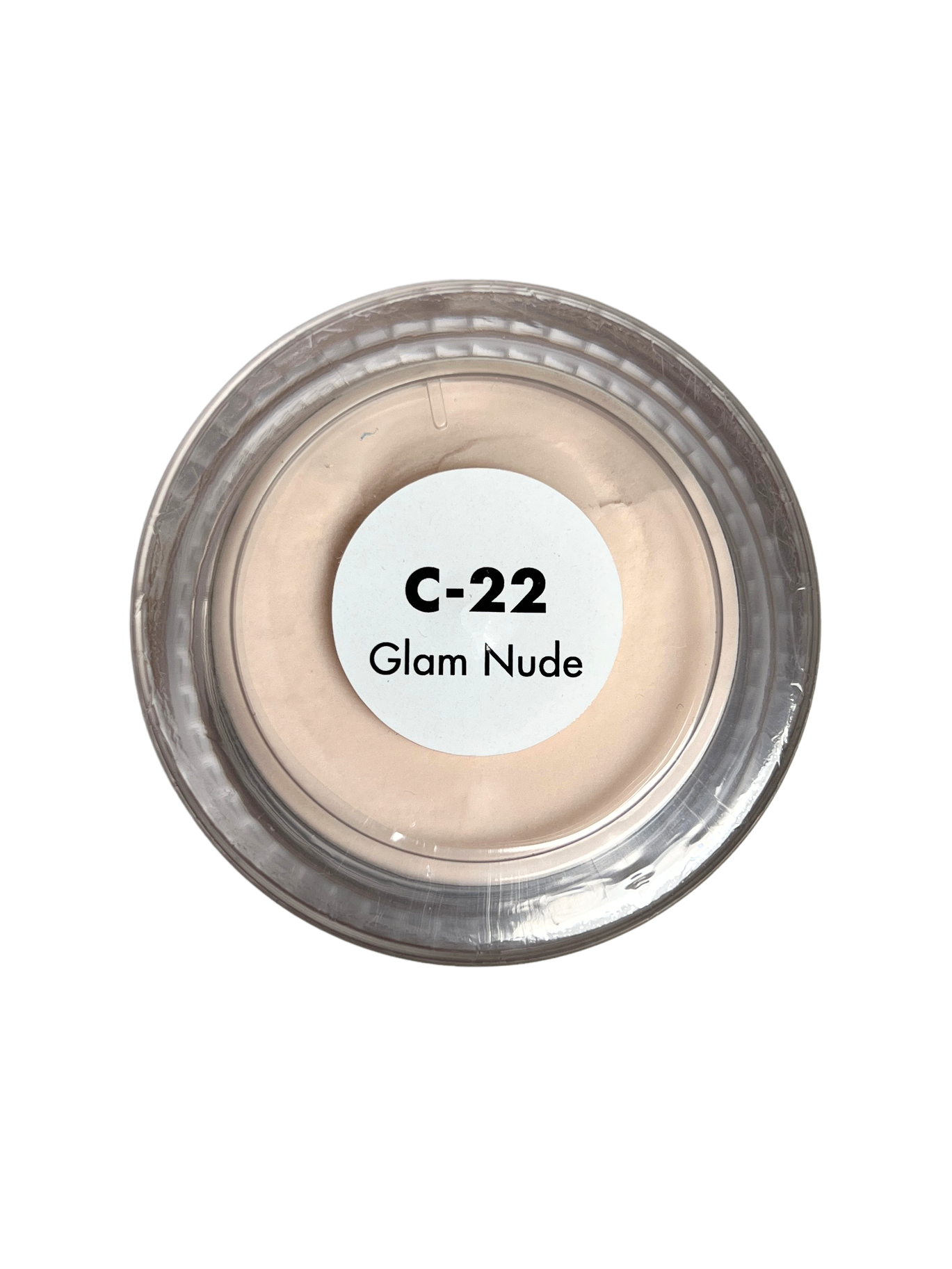 Cosmetic compact labeled 'C-22 Glam Nude' on a white background