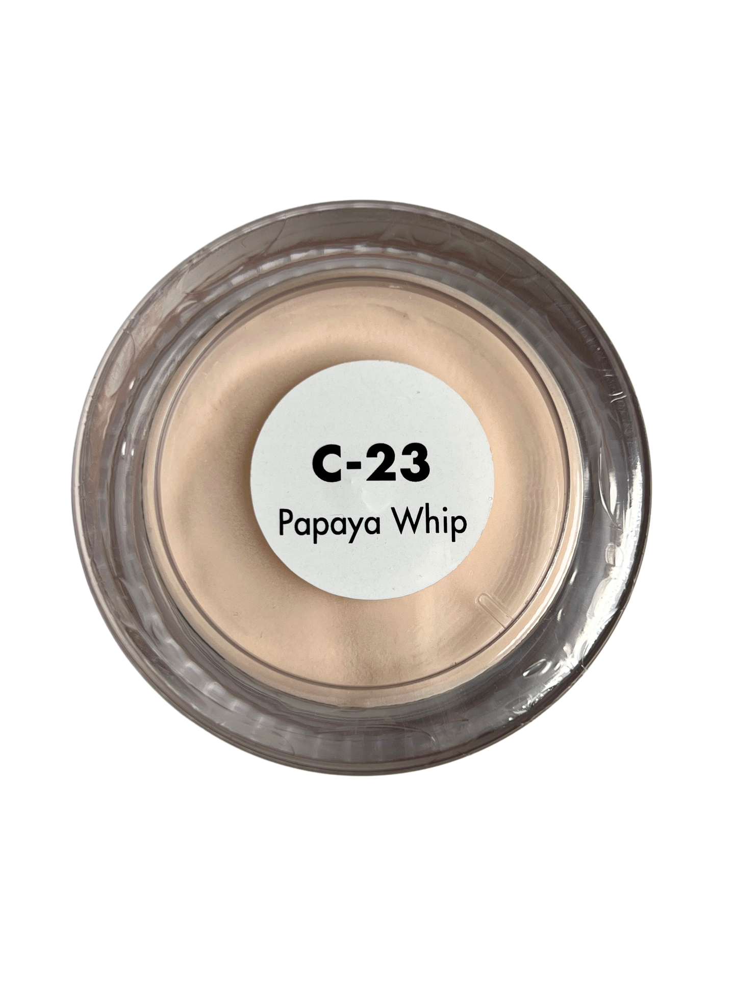 Cosmetic container labeled 'C-23 Papaya Whip' on a white background