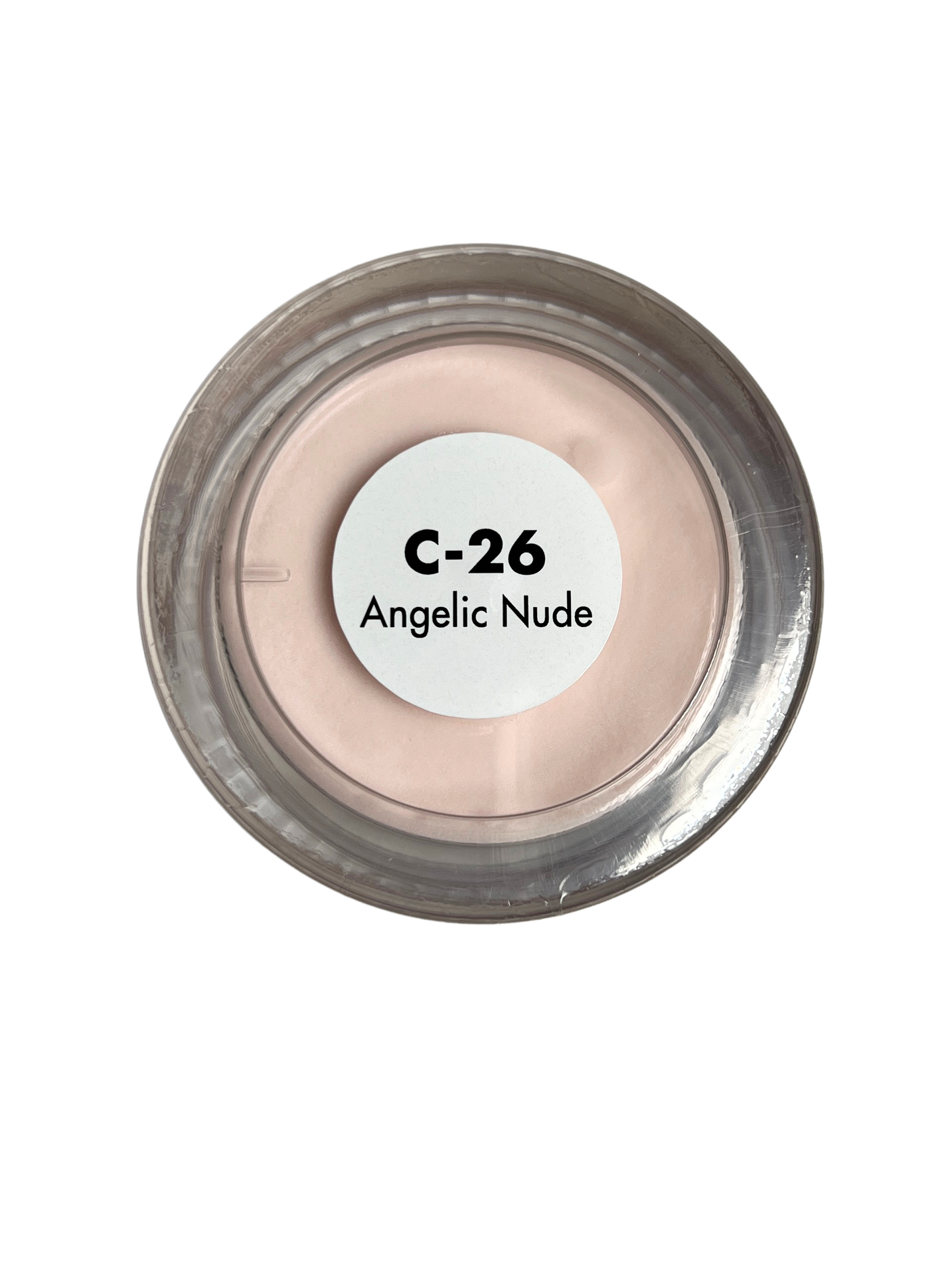 Cosmetic compact labeled 'C-26 Angelic Nude' on a white background