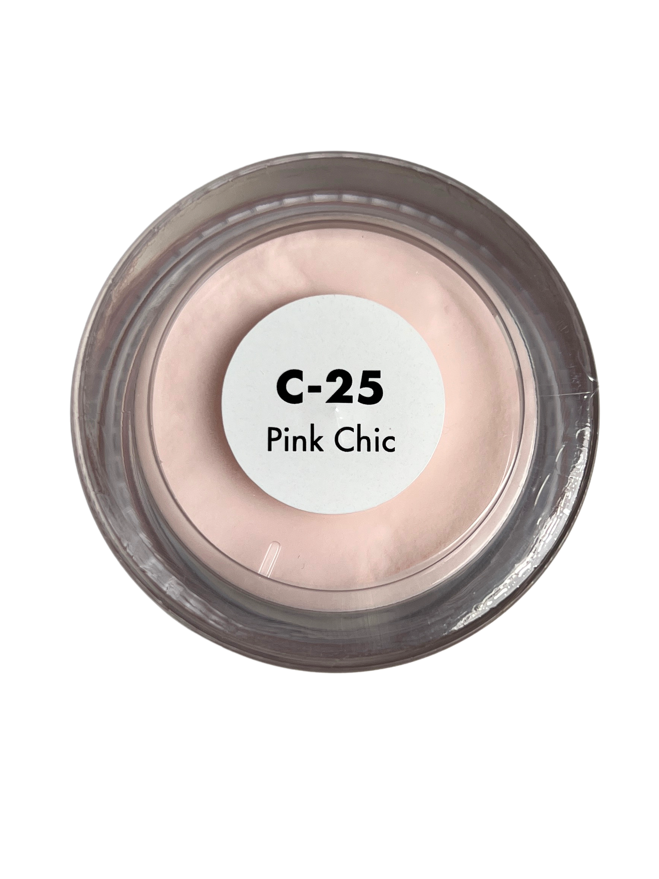 Cosmetic compact labeled 'C-25 Pink Chic' on a white background