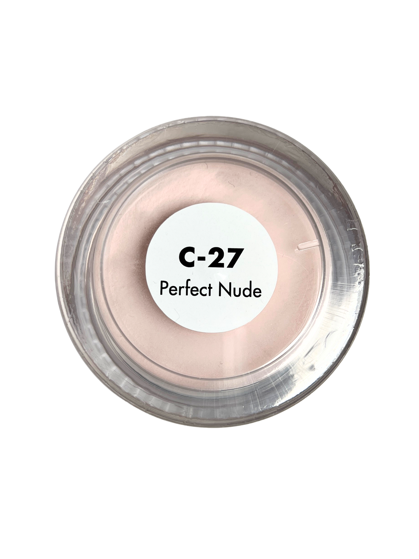 Cosmetic compact labeled 'C-27 Perfect Nude' on a white background