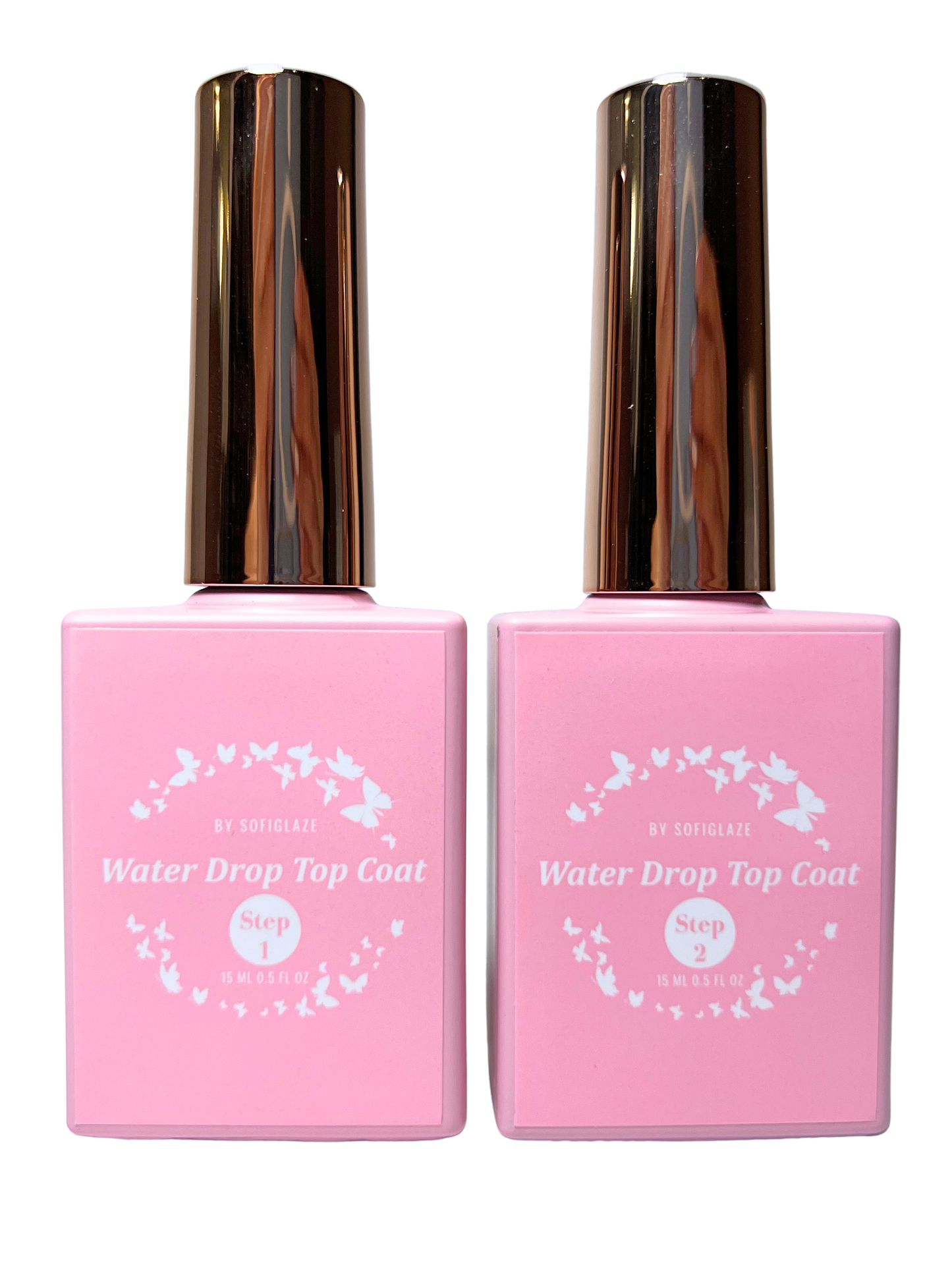 Two pink bottles of nail top coat with metallic rose gold caps, labeled 'Water Drop Top Coat step 1 and 2' by SOFIGLAZE, on a white background.