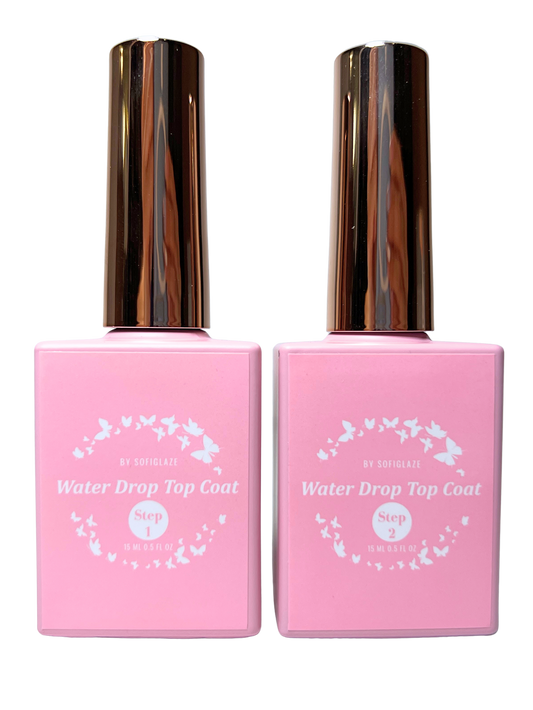 Two pink bottles of nail top coat with metallic rose gold caps, labeled 'Water Drop Top Coat step 1 and 2' by SOFIGLAZE, on a white background.