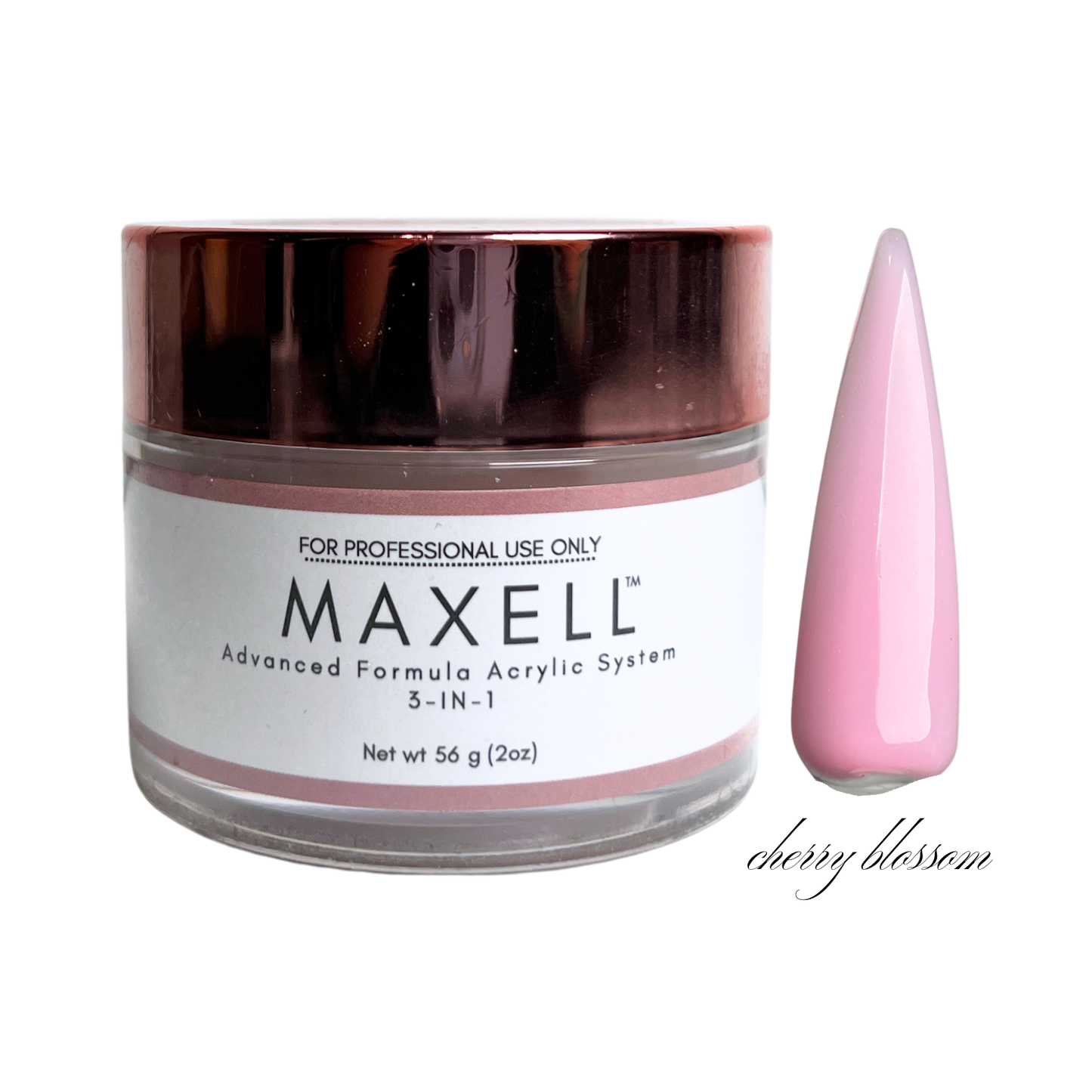 Maxell acrylic powder jar with a pink nail tip on a white background