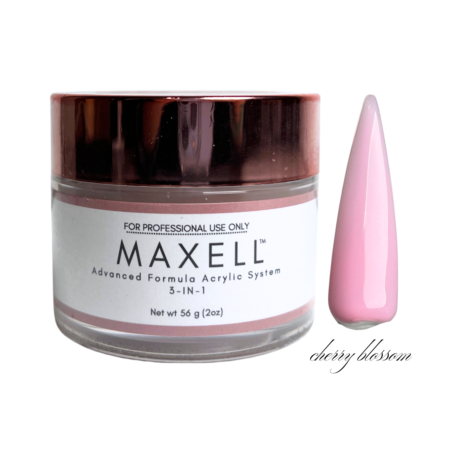 Maxell acrylic powder jar with a pink nail tip on a white background