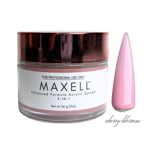 Maxell acrylic powder jar with a pink nail tip on a white background