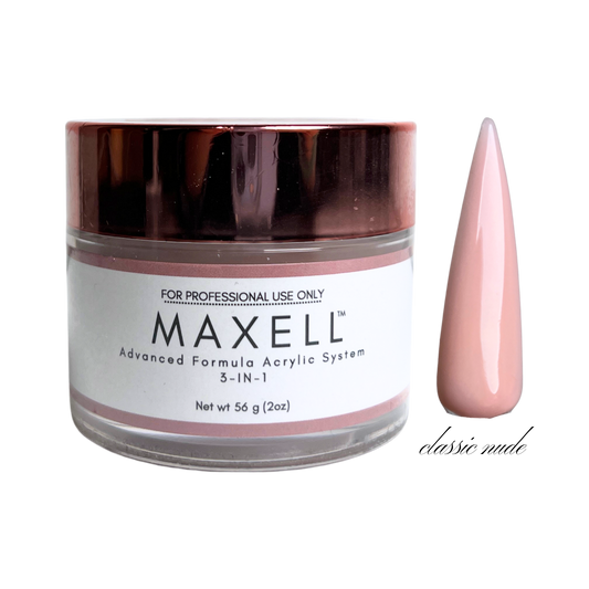 Maxell acrylic system jar with a peach-colored nail tip on a white background