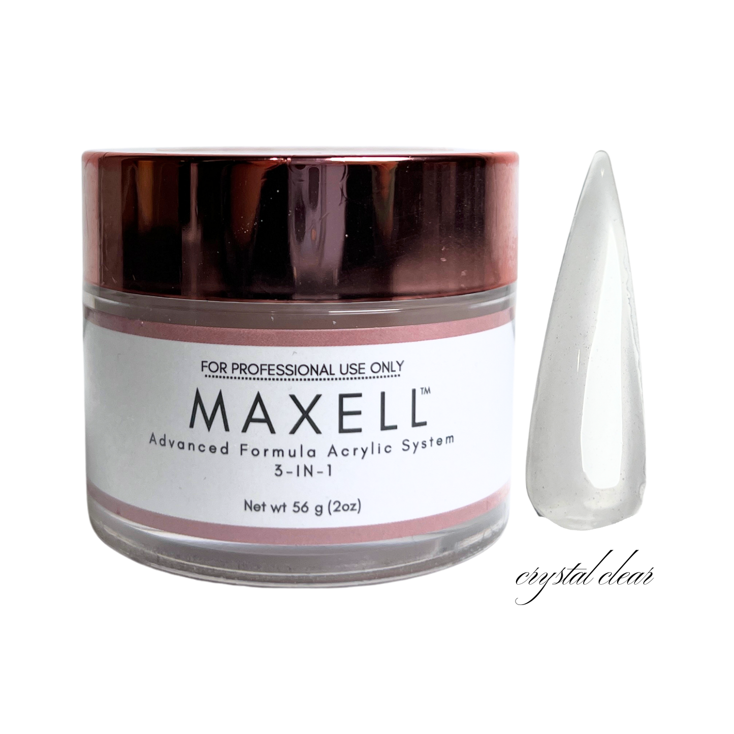 Maxell acrylic system jar with a crystal clear nail tip on a white background