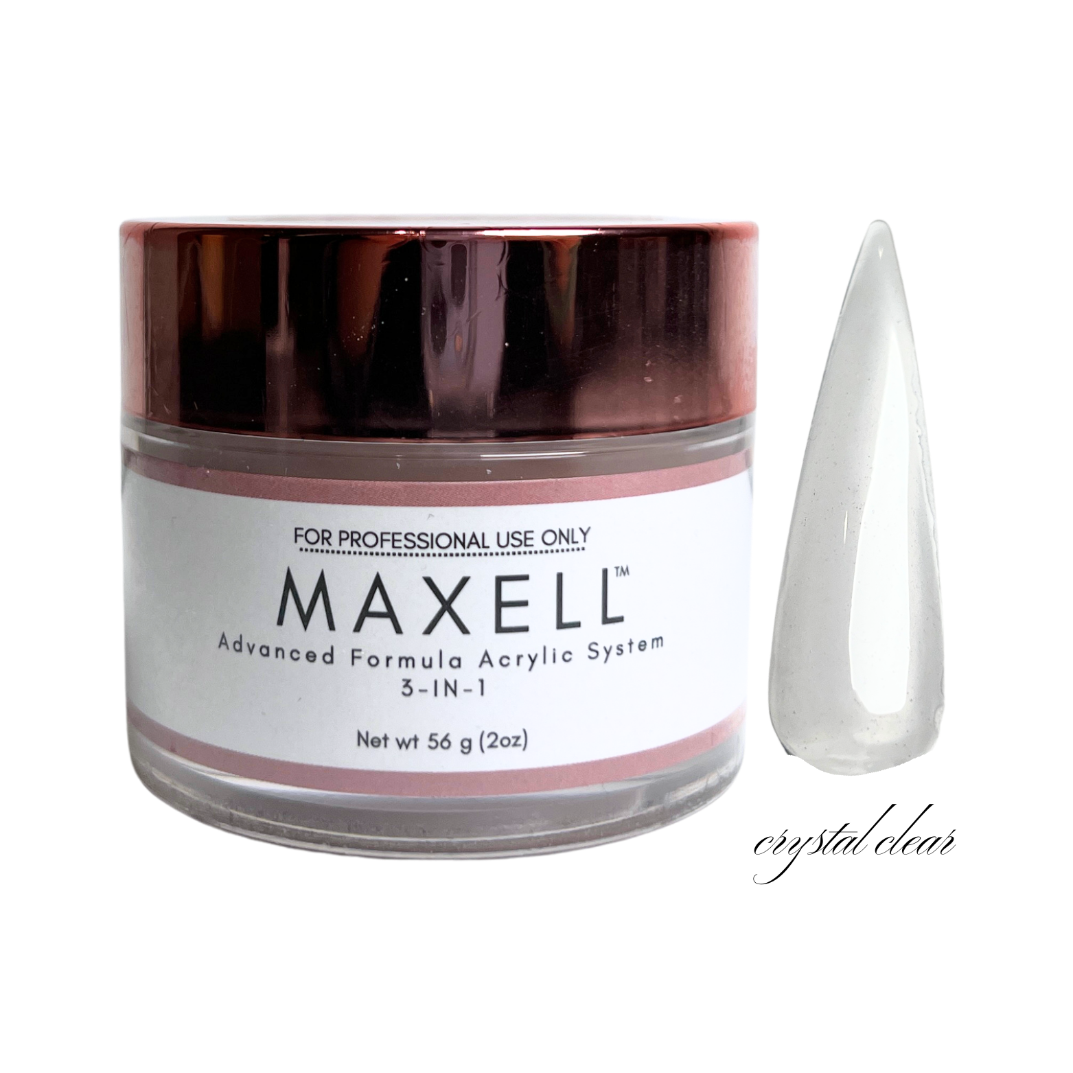 Maxell acrylic system jar with a crystal clear nail tip on a white background