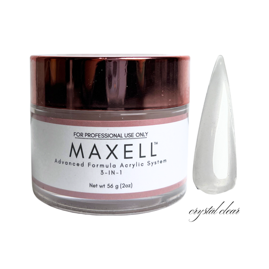 Maxell acrylic system jar with a crystal clear nail tip on a white background