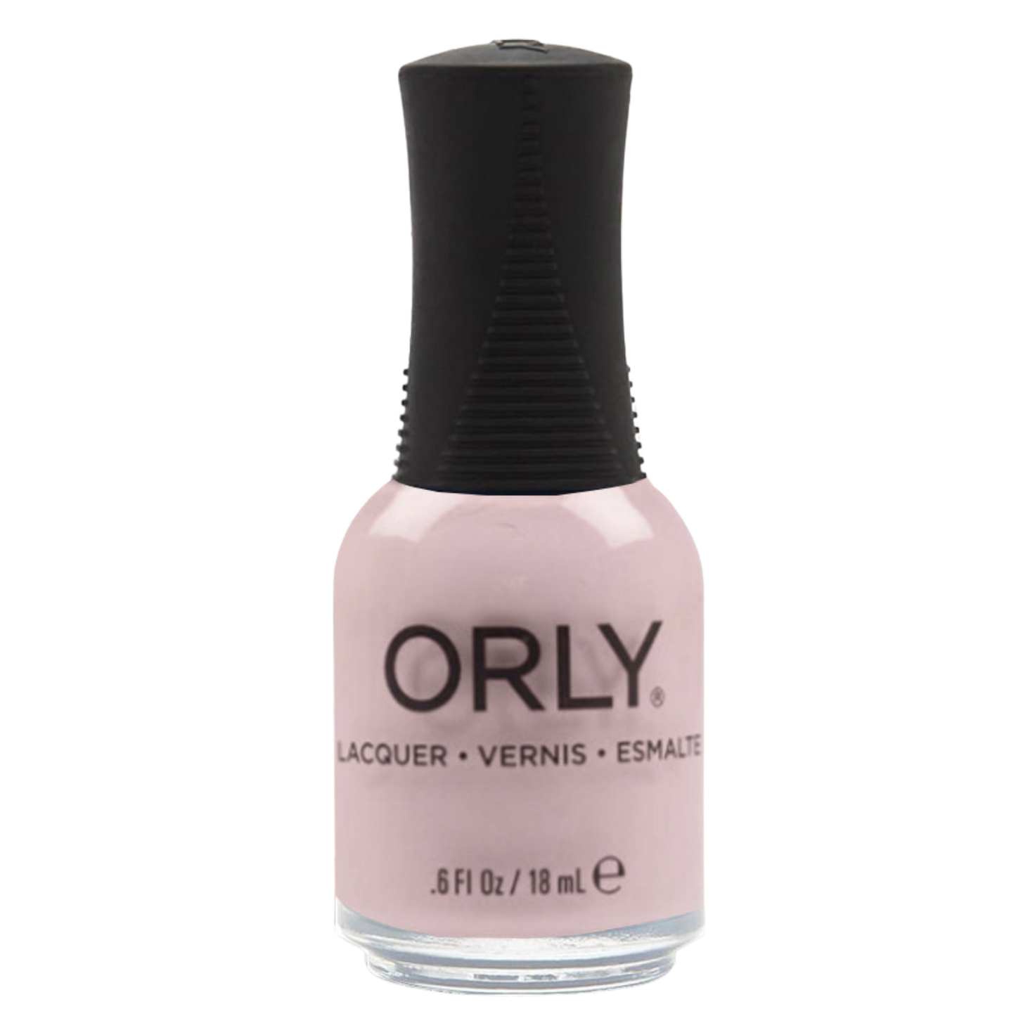 light pink nail polish bottle with black cap on a white background